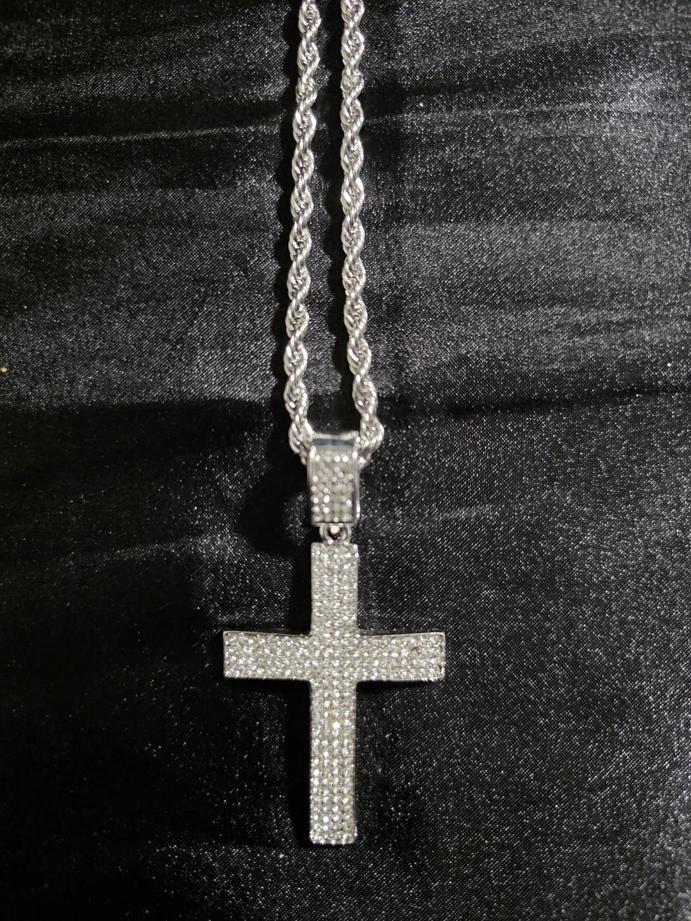 Silver Tone Rope Chain Bling Cross Charm Pendant Swaggy Necklace,